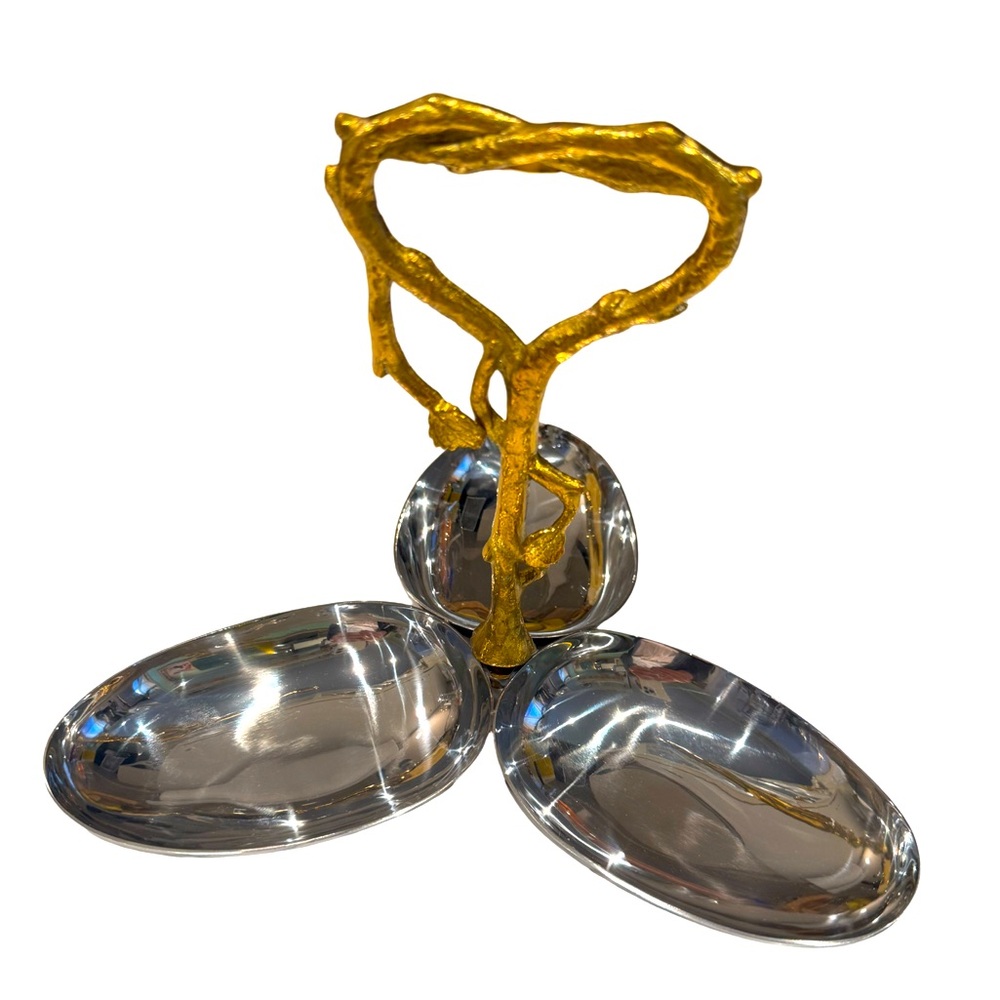 New Stainless steel candy dish 3 section with brass flower handle